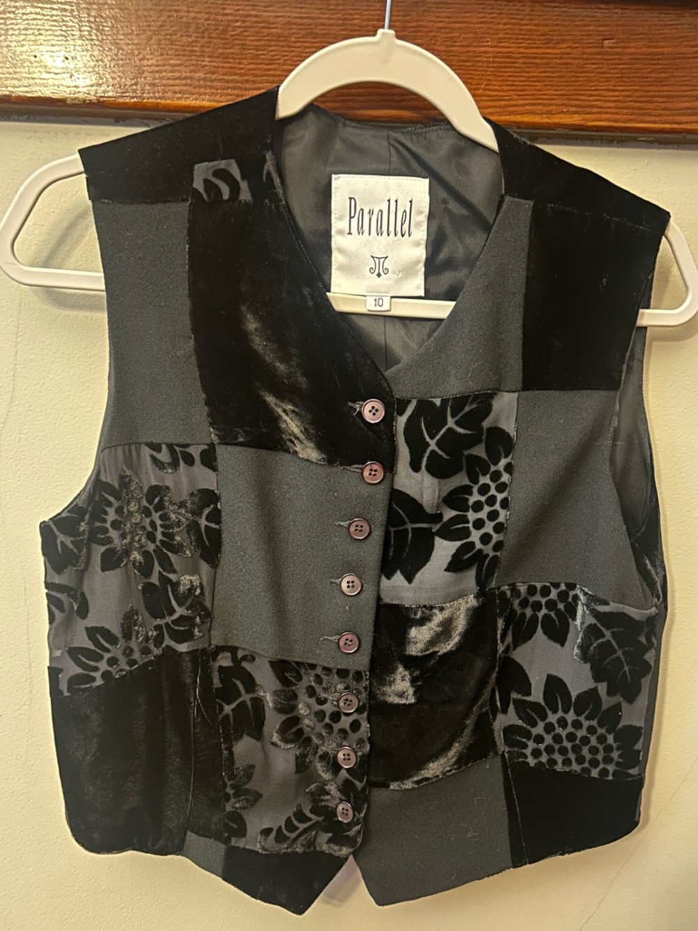 Vintage 90's Parallel Black Velvet Patchwork Vest Wool Silk Size 10